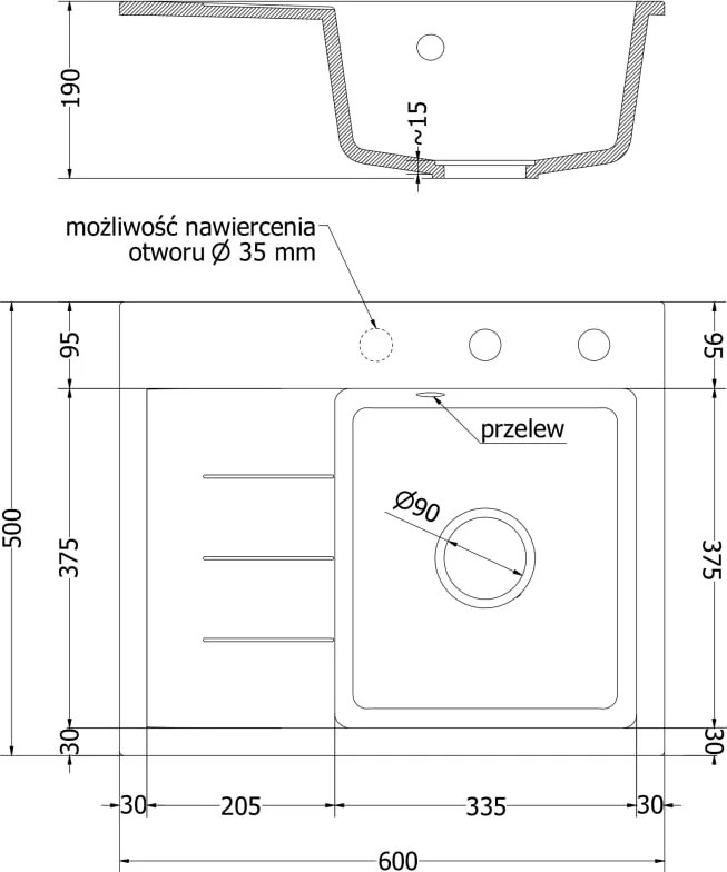 Mexen Ben zlewozmywak granitowy 1-komorowy z ociekaczem, prawy 600 x 500 mm, czarny, syfon chrom - 6523605000-77