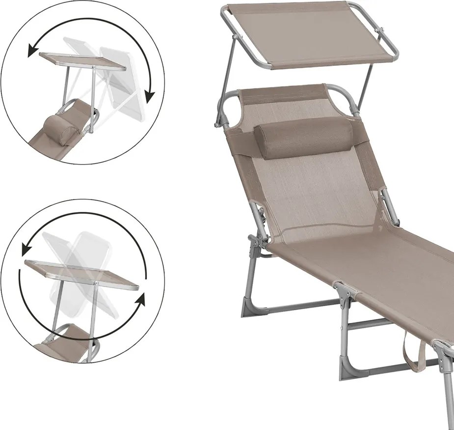 Leżak ogrodowy LAGUNA z regulowanym daszkiem, 193x59x30cm, brązowo-szary (taupe) SongmicsHome