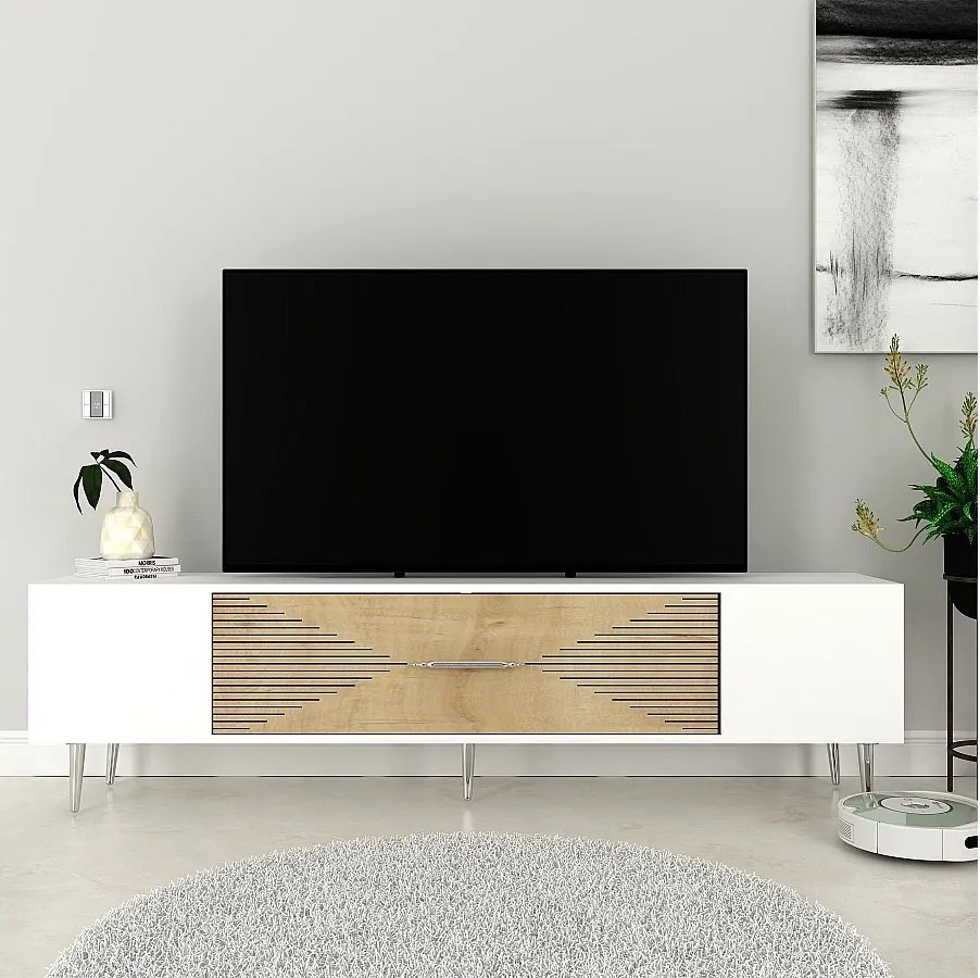 Stojak pod telewizor – 150 cm x 48,2 cm x 29,6 cm – Dąb szafirowy, biały i srebrny – Płyta wiórowa pokryta melaminą