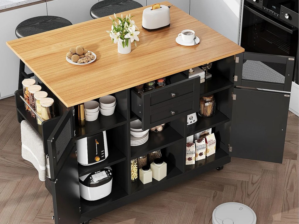 Mobilna wyspa kuchenna 140×70×93,5 cm - 2 szuflady i 4 drzwi - rozsuwana blata - regulowane półki - czarna