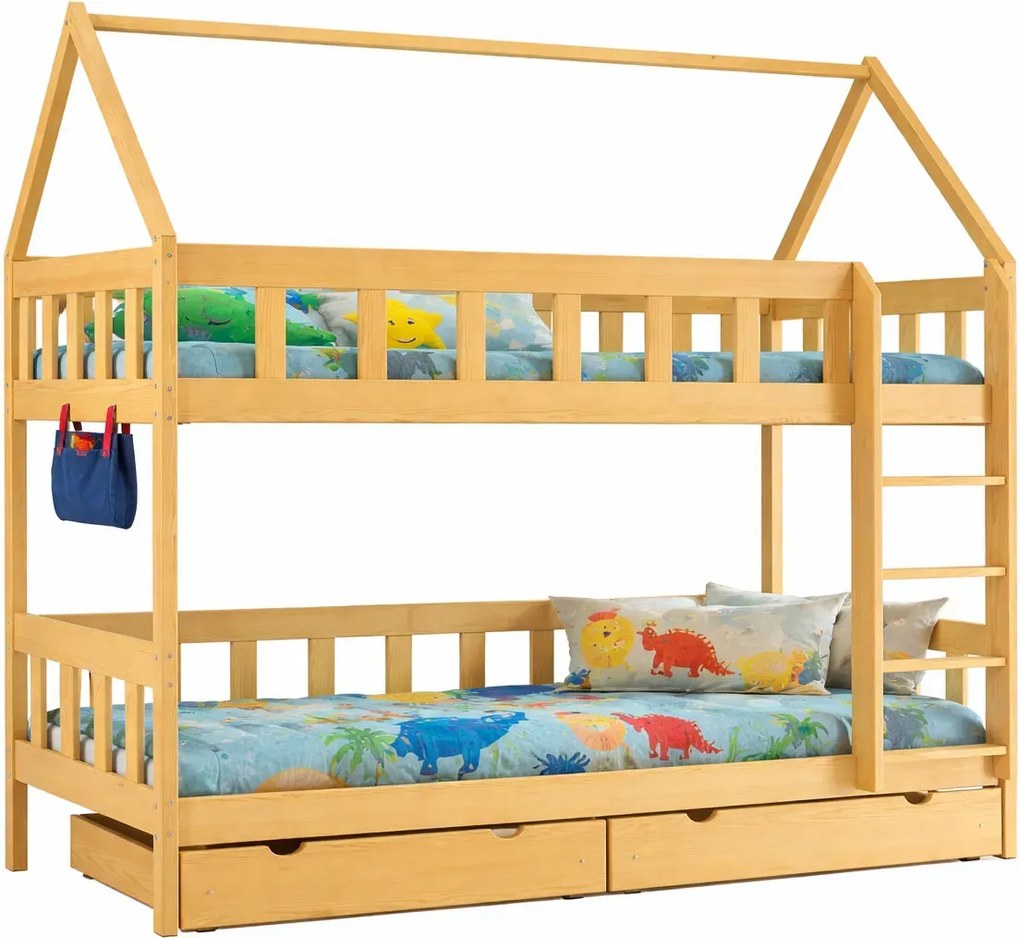 Drewniane łóżko piętrowe przypominające domek, sosna A5-F81