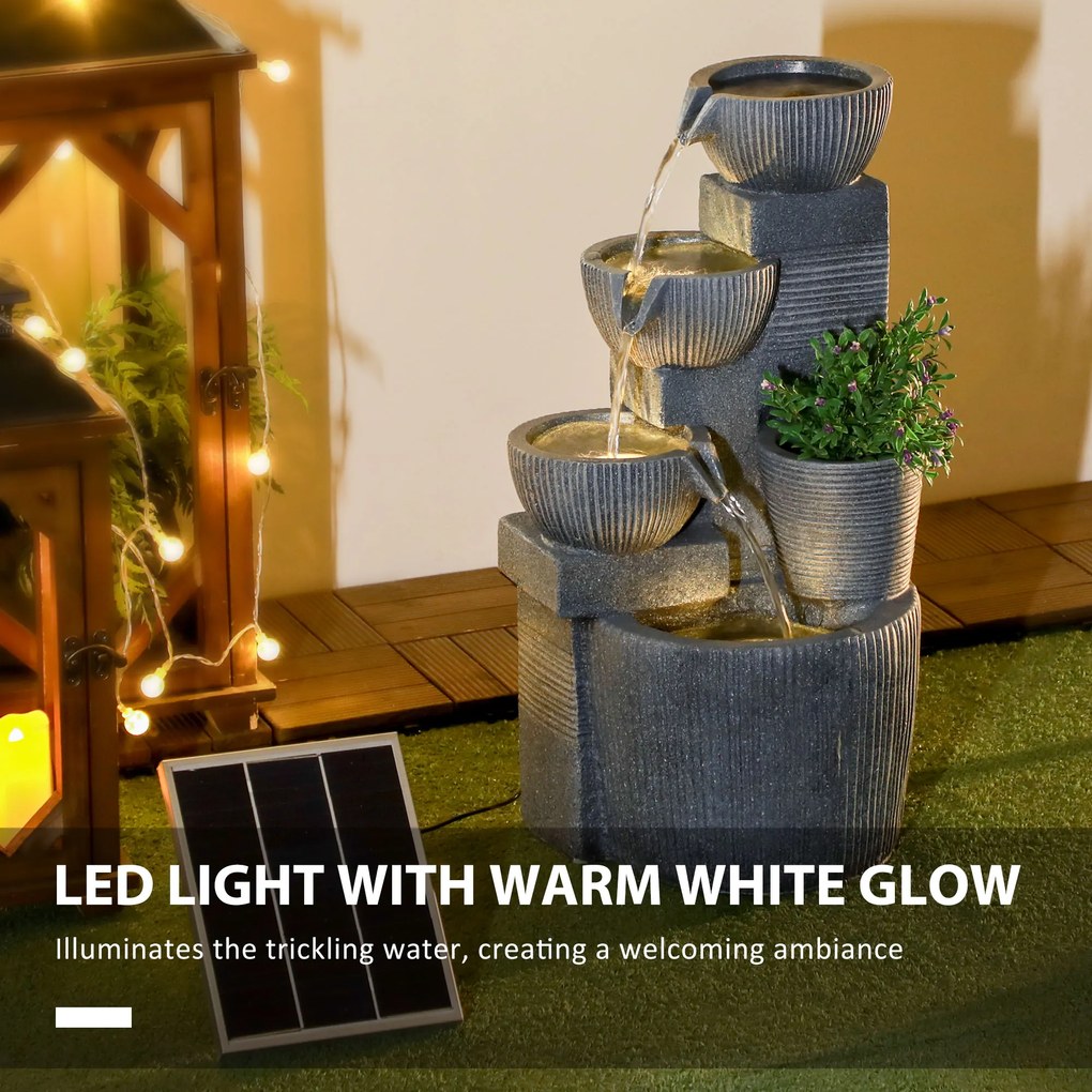 Outsunny Fontanna Ogrodowa Nowoczesna - Naturalnego Kamienia 4-Stopniowa Zasilana Energia Sloneczna Diody LED Wys. 57 cm Ciemnoszary na Taras | Aosom PL