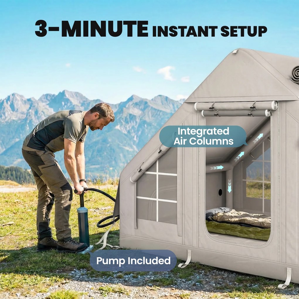 Outsunny Nadmuchiwany Namiot 5-8 Osób Szybki Montaż Wodoodporny 8000 mm Odporność na Wiatr z Pompką Ognioodporne Dachowe Okno | Aosom PL