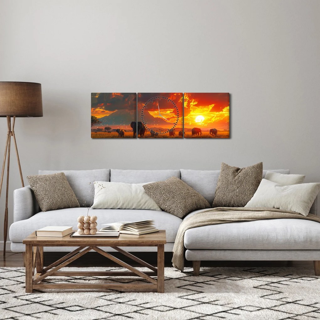 Obraz - Stado słoni (z zegarem) (90x30 cm)
