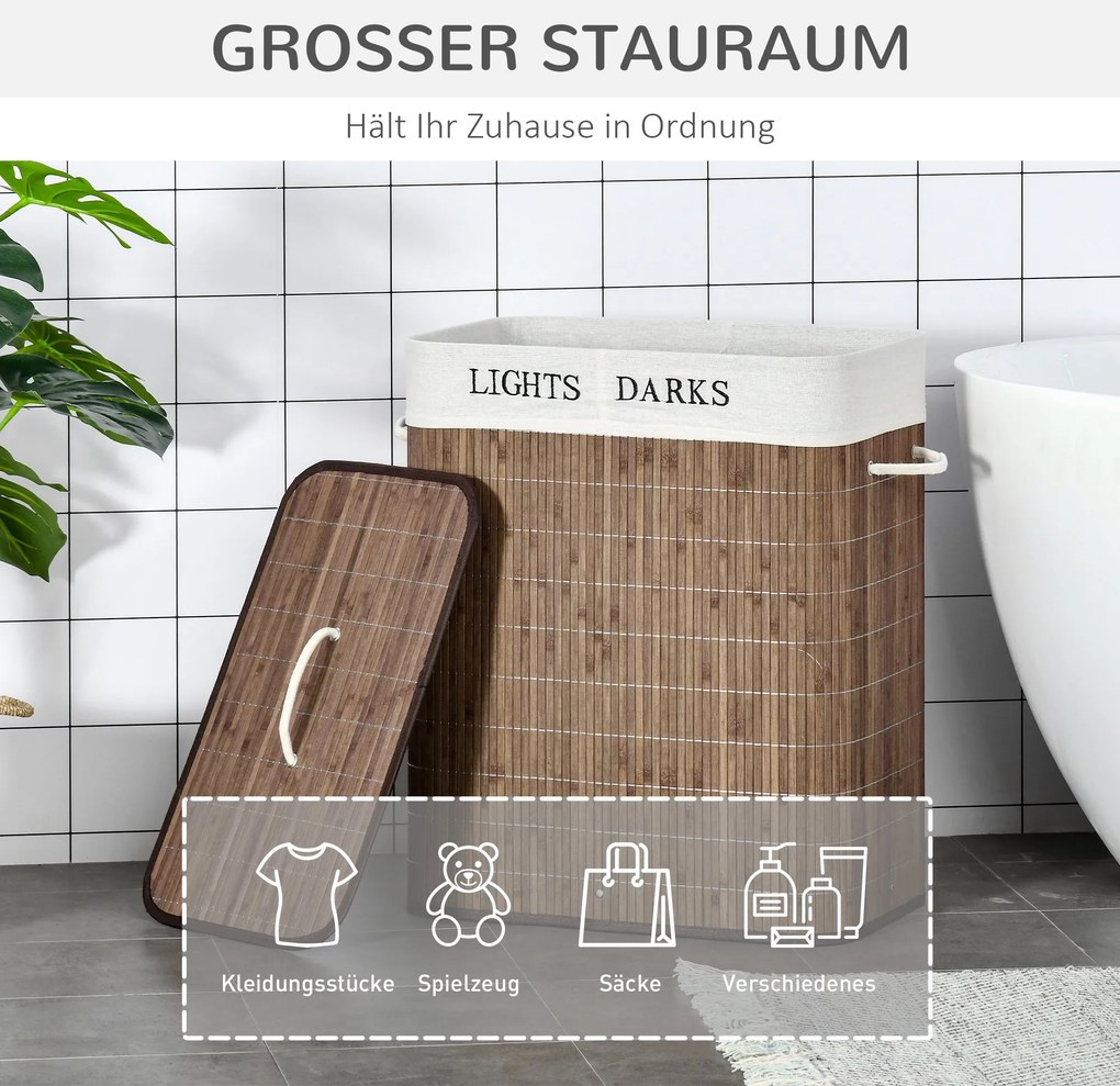 HOMCOM Kosz na Pranie 100L Bambus Poliester Bawełna z 3 Uchwytami Brązowy Biały 52x32x63cm | Aosom PL