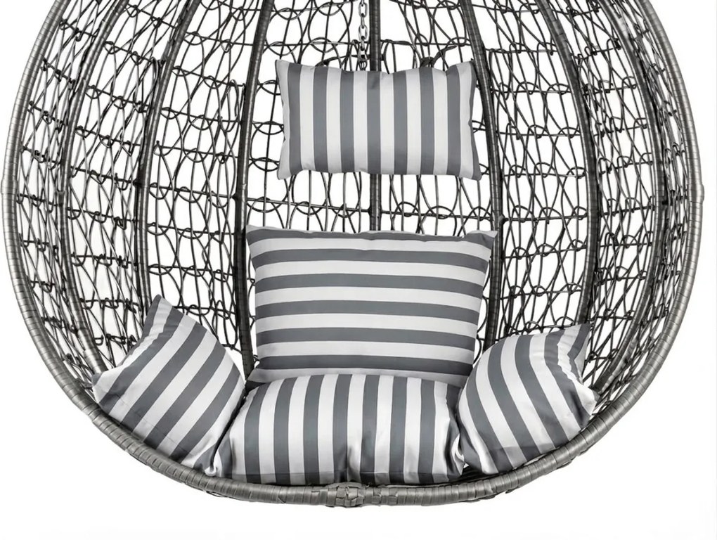 Szare wiszące krzesło KOKON ze stojakiem, biało-szara poduszka