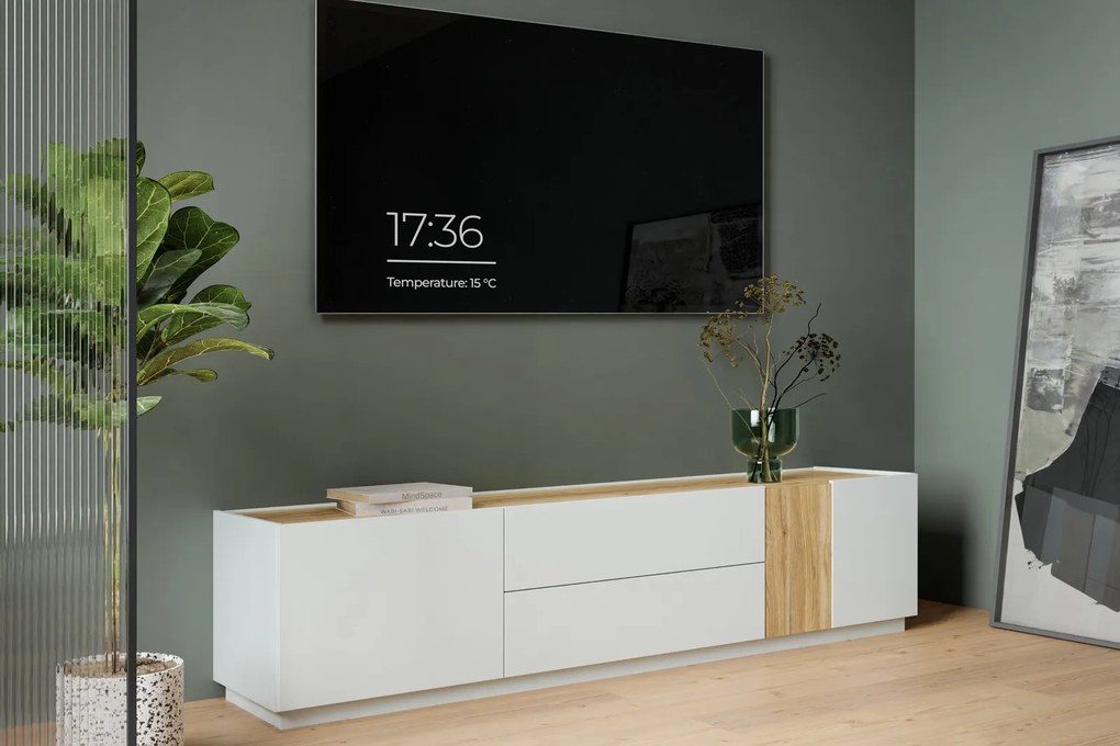 Szafka RTV 2-drzwiowa z szufladami Lewisville 131, Secret Grey/dąb Valencia