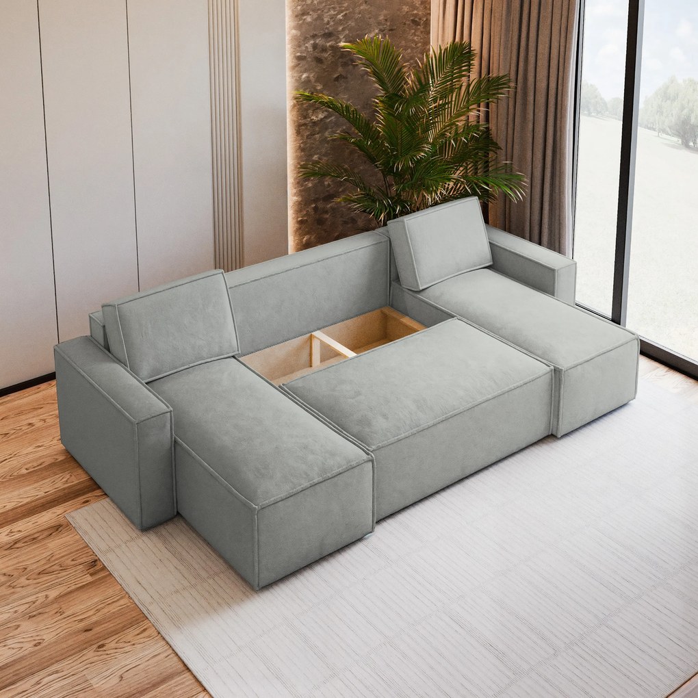 Masseno Narożnik PESANO z funkcją spania i pojemnikiem na pościel Narozniki U, Rozkładana sofa - Jasnoszary, MONOLITH 84