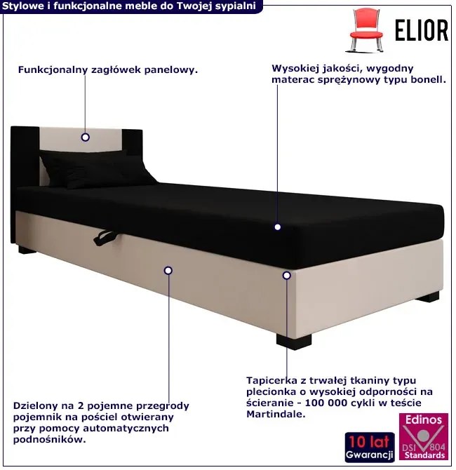Łóżko pojedyncze tapicerowane czarny + ecru G4-D11