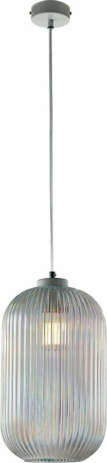 Lampa wisząca Krizia z białego lakierowanego żelaza, regulowany kabel, przezroczysty klosz z dmuchanego szkła z paskami reliefowymi, 1 światło