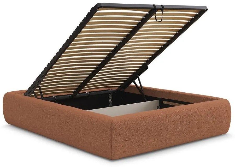 Pomarańczowe tapicerowane łóżko dwuosobowe bez zagłówka ze schowkiem i stelażem 180x200 cm Inera – Bobochic Paris