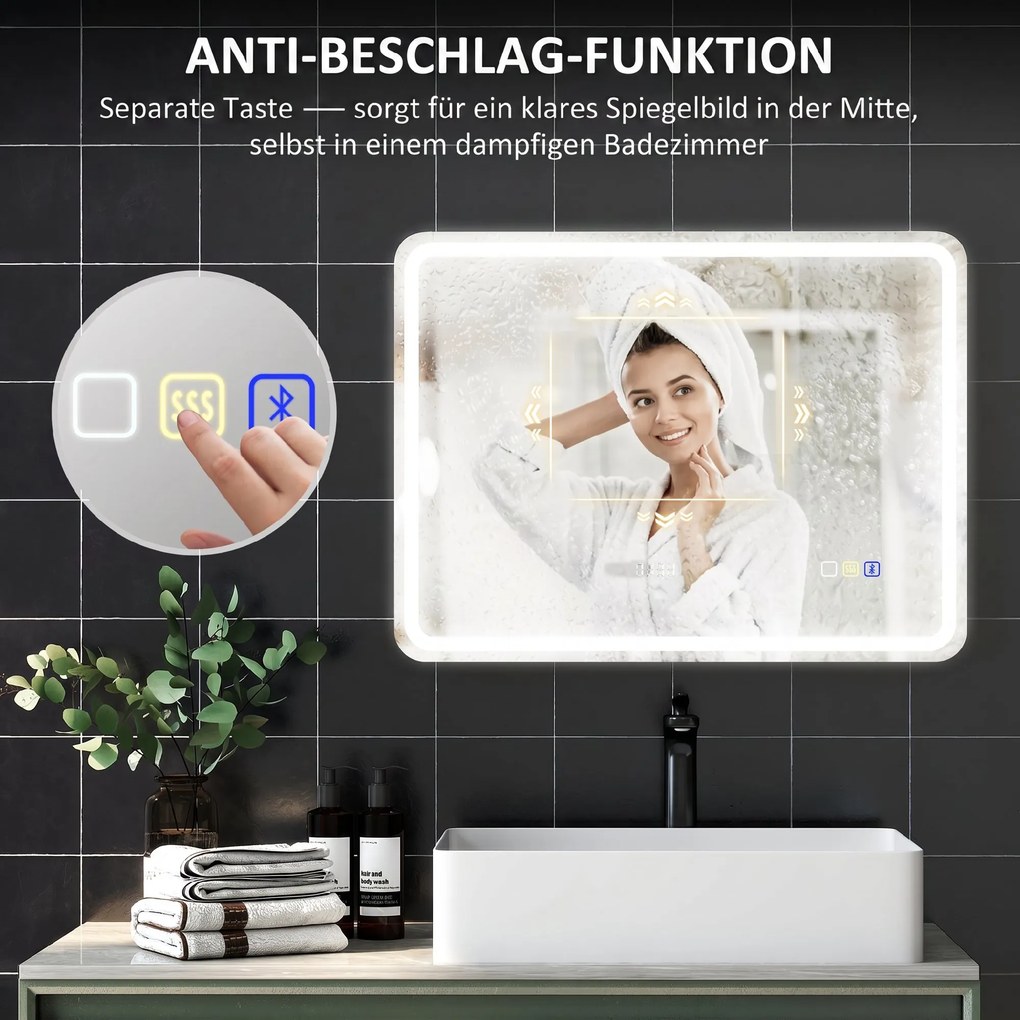 HOMCOM Lustro łazienkowe z podświetleniem LED, mata przeciwmgielna, 3 regulowane kolory, zegar, 600 x 800 mm, kolor srebrny | Aosom PL