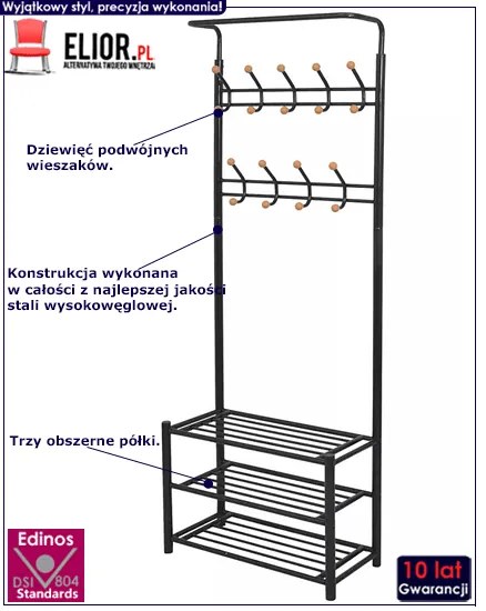 Czarny stojak na ubrania z półkami na buty Solis