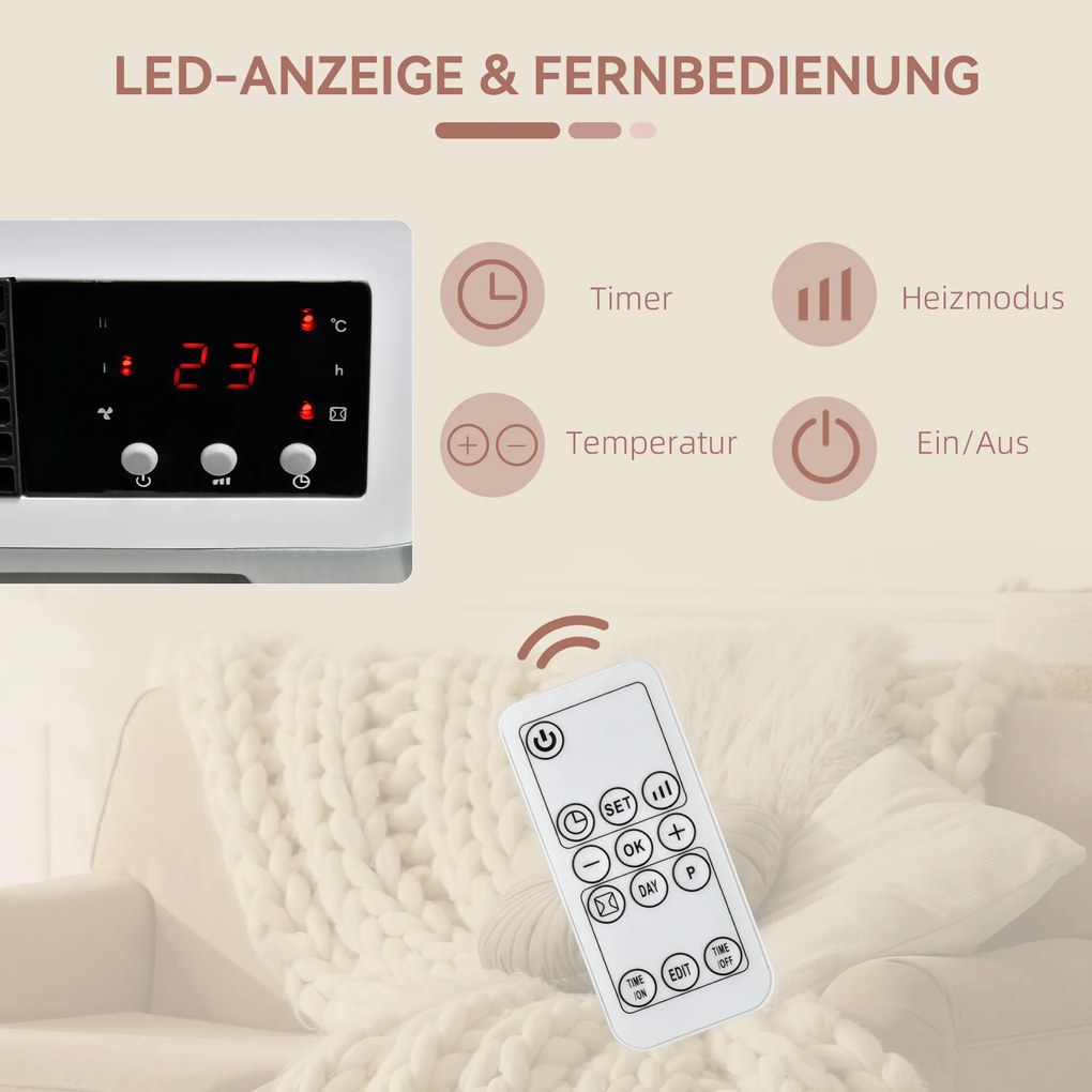 HOMCOM Grzejnik ścienno-2000W z pilotem zdalnego sterowania 2 tryby grzania wyświetlacz LED timer 12h do łazienki