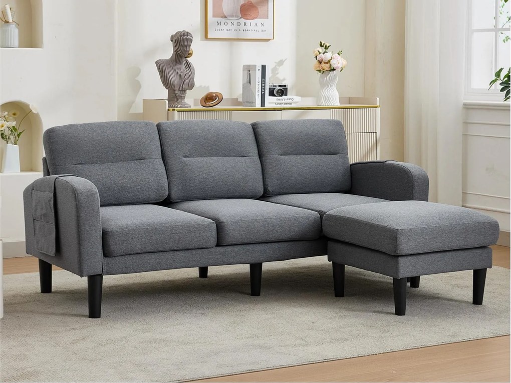 Sofa narożna w kształcie L 3-osobowa z szezlongiem - boczne kieszenie do przechowywania - idealna do salonu - 204x136x80 cm - szara