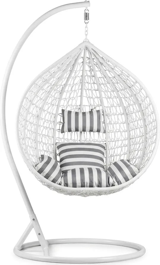 Białe wiszące krzesło KOKON ze stojakiem, biało-szara poduszka