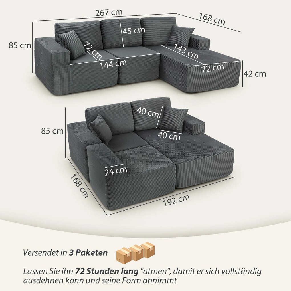 HOMCOM Modułowa narożna sofa, L-kształtna sofa-łóżko z głębokim siedziskiem, szerokimi podłokietnikami, 2 poduszki, ciemnoszary | Aosom PL