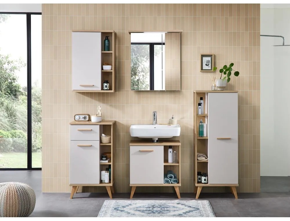 Kremowo-naturalna niska szafka łazienkowa w dekorze dębu 50,5x89,5 cm Quickset 966 – Pelipal