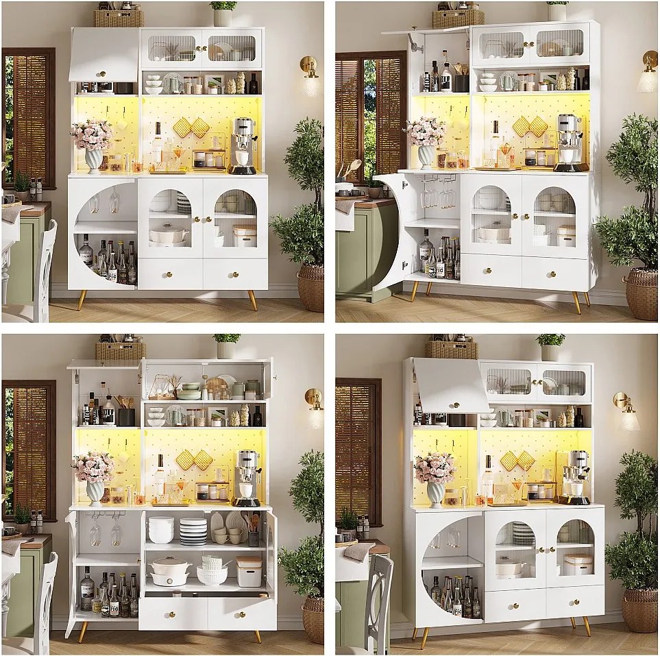 Nowoczesna komoda kuchenna - 120 x 40 x 176 cm - z diodami LED + USB + drzwi + szuflada + półki szklane - MDF + szkło - biała