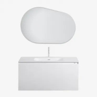 Zestaw Drewnianych Mebli Łazienkowych Macrae Ze Zintegrowaną Umywalką Biała & Owalna Lampa Led I Przeciwmgielna 100x80 - Sklum