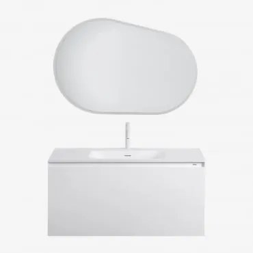 Zestaw Wiszących Mebli Łazienkowych Zintegrowany Z Umywalką Macrae Biała & Owalna Lampa Led I Przeciwmgielna 100x80 Cm Riben & Biała ↑20 Cm Z Przelewo