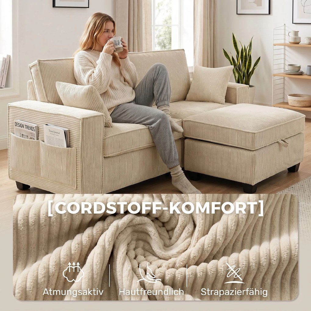HOMCOM Narożnik z pufą z pojemnikiem, sztruks, 3-osobowy sofa w kształcie L z wypełnieniem sprężynowym, szerokie siedzisko, beżowy | Aosom PL
