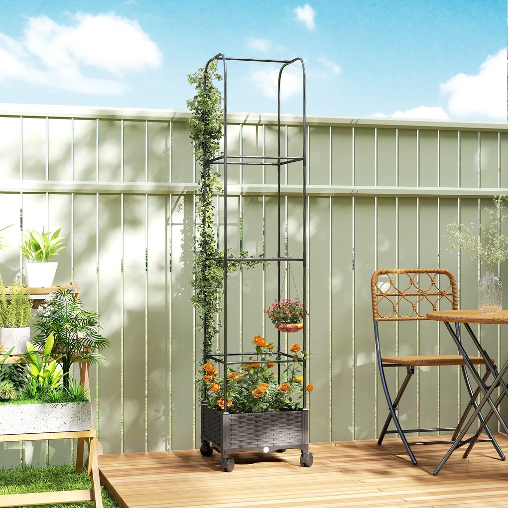 Outsunny Podwyższona grządka z kratką mobilna skrzynka na rośliny z rolką i otworem odpływowym, skrzynka 40 x 40 x 185 cm | Aosom PL