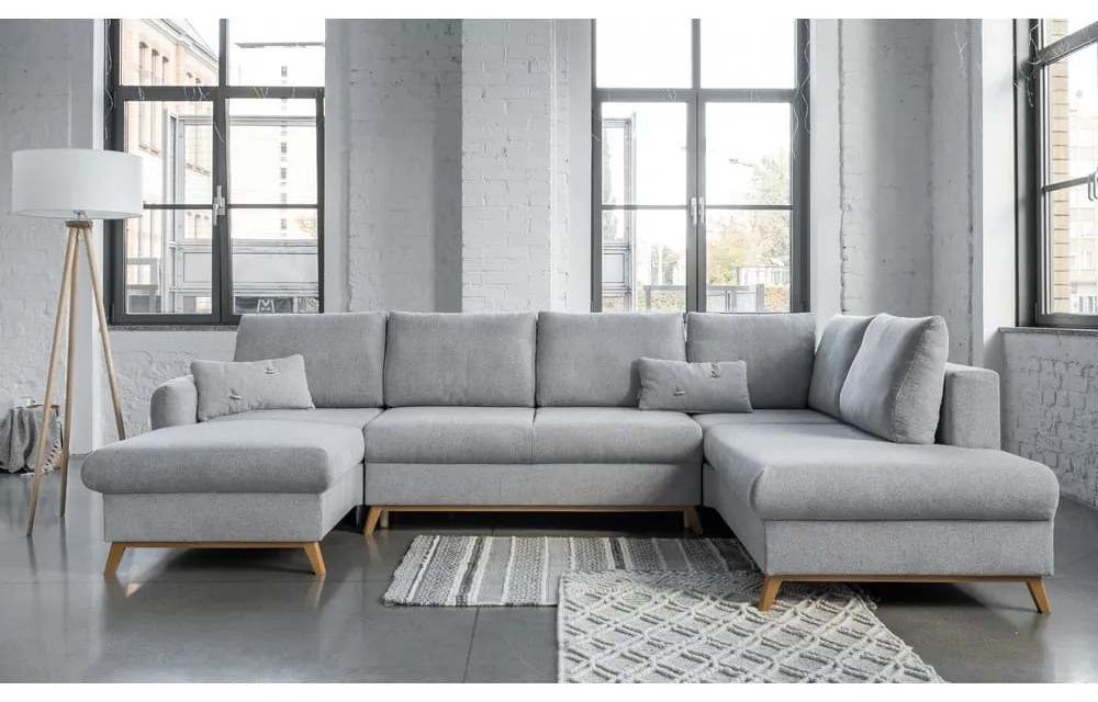 Jasnoszara rozkładana sofa w kształcie litery "U" Miuform Scandic Lagom, prawostronna
