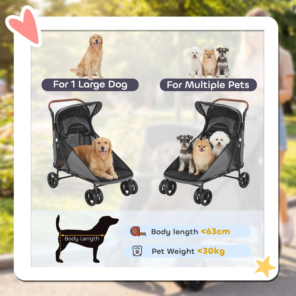 PawHut Wózek dla psa składany dla dużych psów do 30 kg z obrotowymi kołami 360°, siatkowymi oknami, poduszką i regulowanym uchwytem w kolorze szarym | Aosom PL