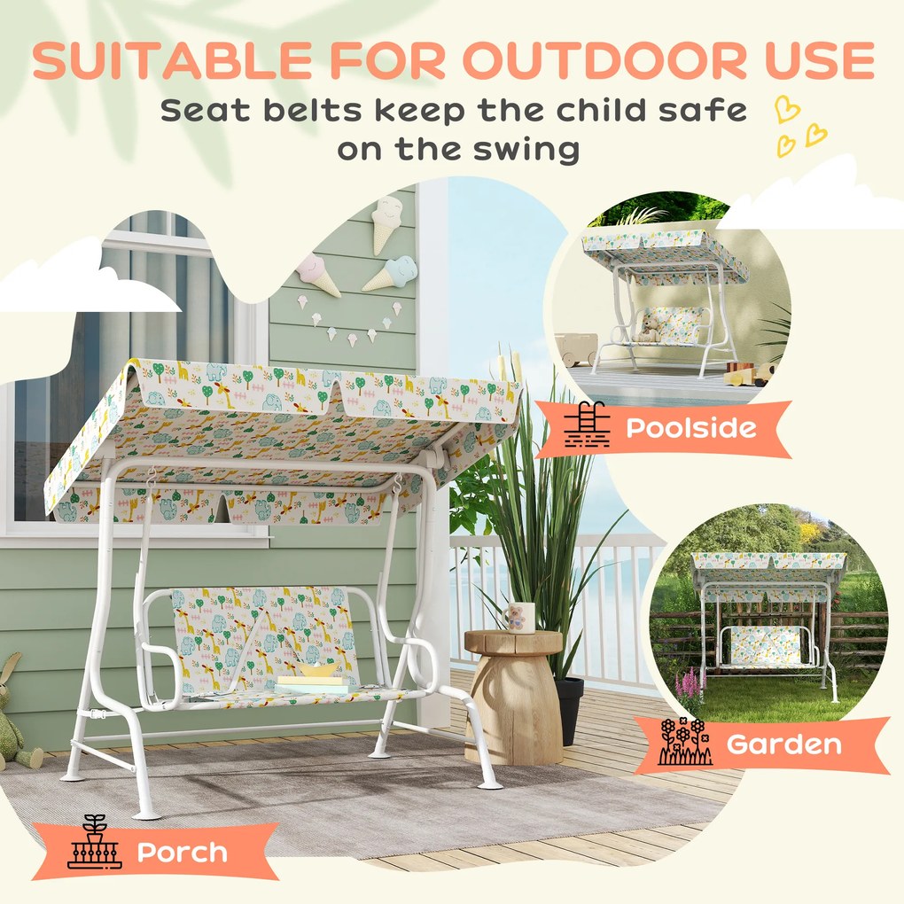 AIYAPLAY Huśtawka ogrodowa dla dzieci, rama stalowa, 2-osobowa, 60 kg nośności, Biała