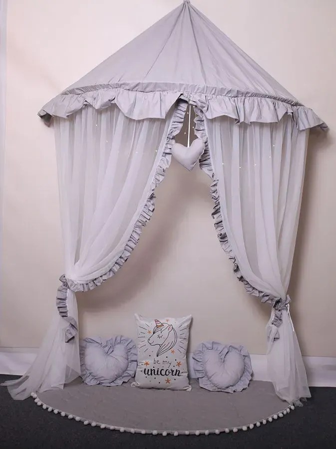 Szaro-biały baldachim dziecięcy z 3 poduszkami matą L3-S80