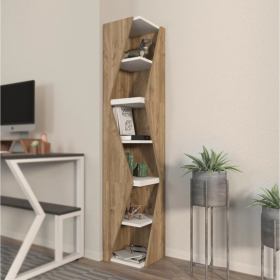 Elegancki regał w kolorze orzecha włoskiego i bieli, wysokość 165 cm, szerokość 31,8 cm | Płyta wiórowa pokryta melaminą w 100%, grubość 18