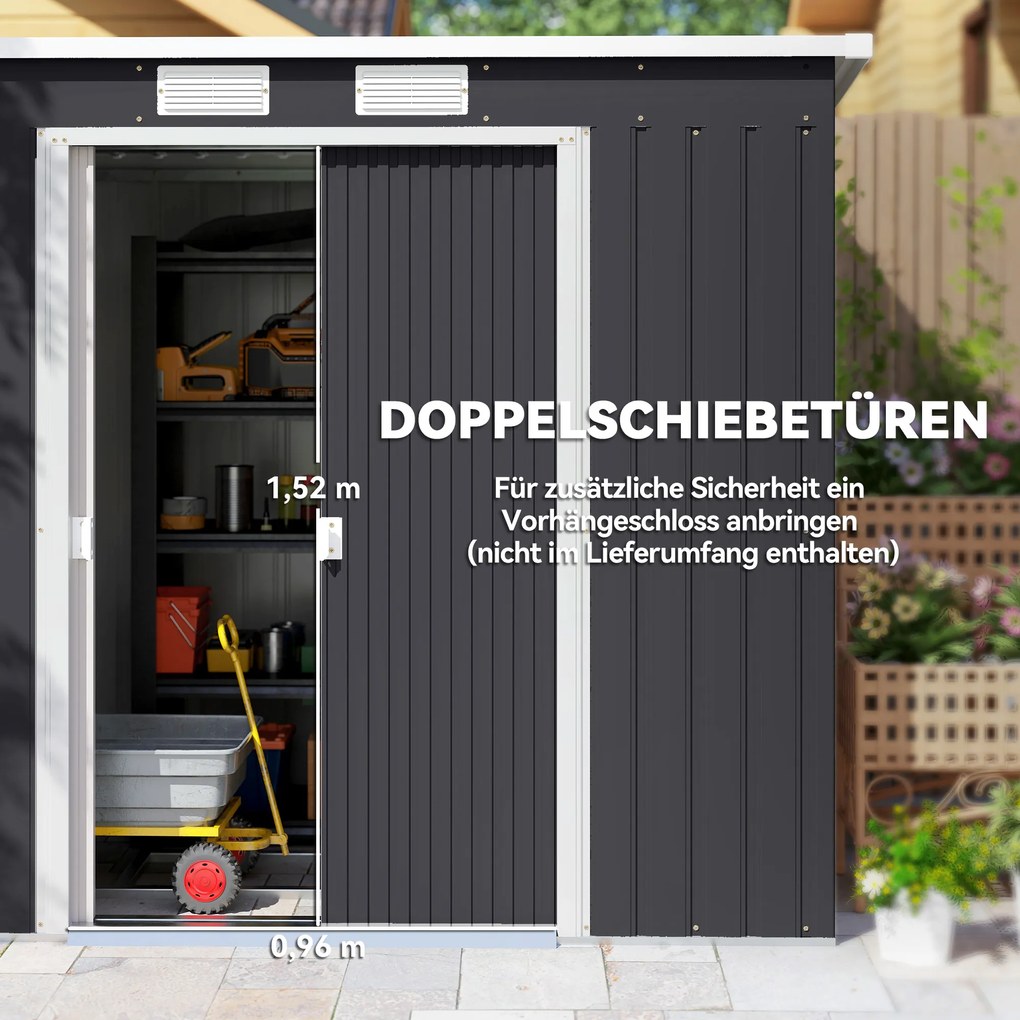 Outsunny Szopa na narzędzia z oknami wentylacyjnymi, drzwiami przesuwnymi, stal ocynkowana, 213 x 130 x 172 cm, Ciemnoszary