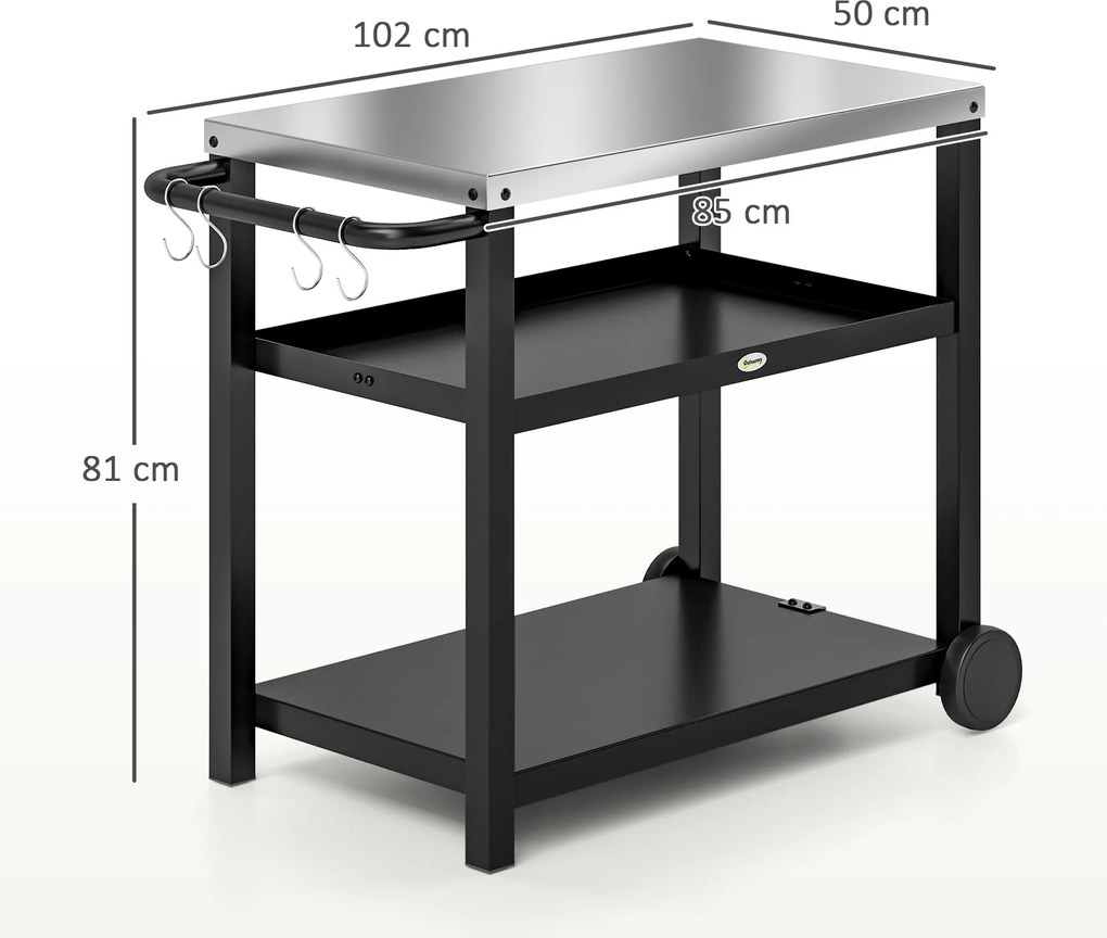 Outsunny Wózek Grillowy 3-Poziomy z Powierzchnią Roboczą, Półkami, Haczykami, Kołami, Stal Nierdzewna 102x50x81cm Węgielny Szary