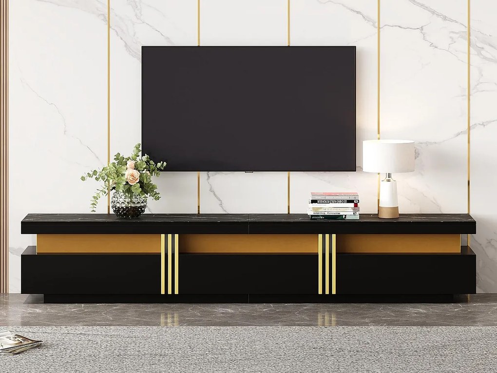 Nowoczesny mebel TV 200 cm - z 3 szufladami - efekt marmuru - Czarny