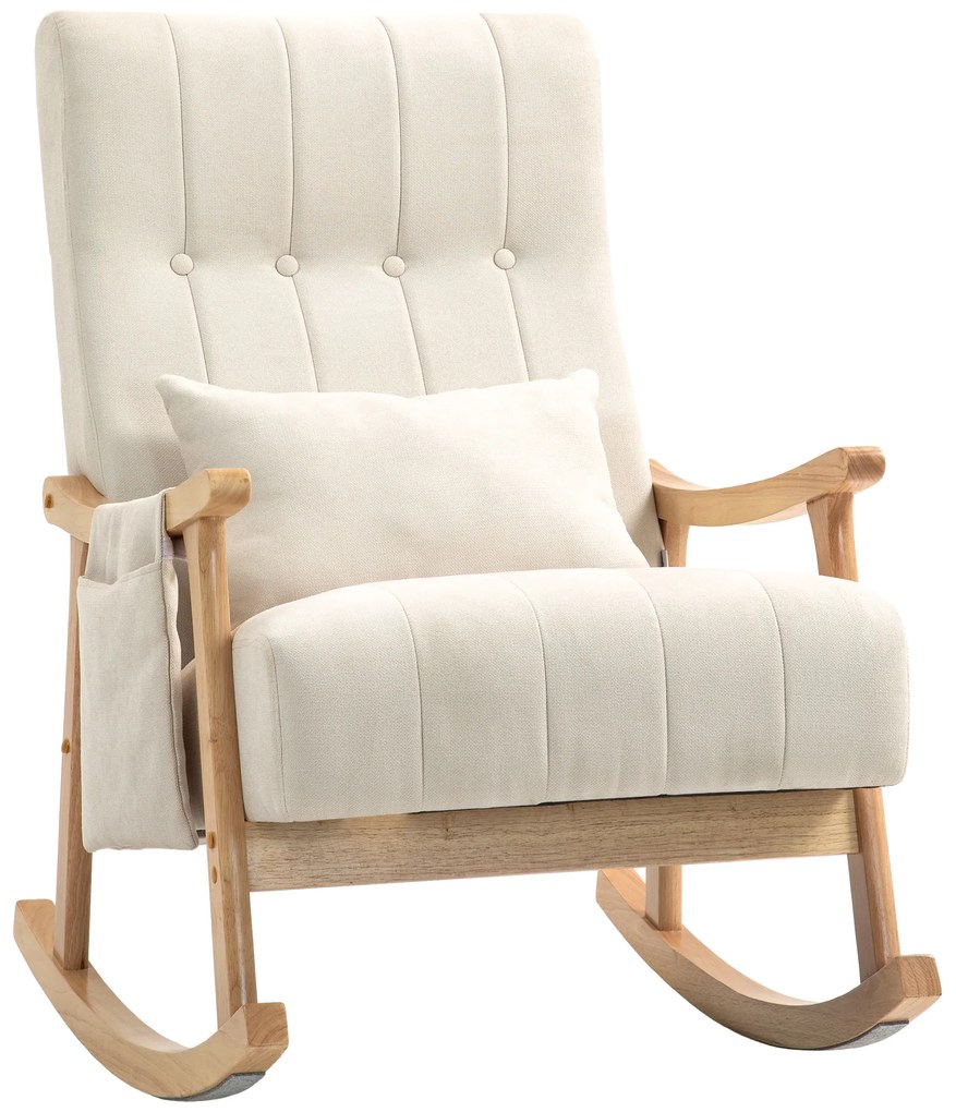 HOMCOM Fotel bujany z poduszką lędźwiową, szerokie siedzisko, rama bukowa, do 120 kg, Beżowy