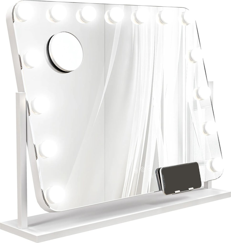 HOMCOM Lustro Kosmetyczne LED, 3 Tryby Światła, Regulacja Jasności, Dotyk, USB, 62,5 x 49,5 cm, Białe