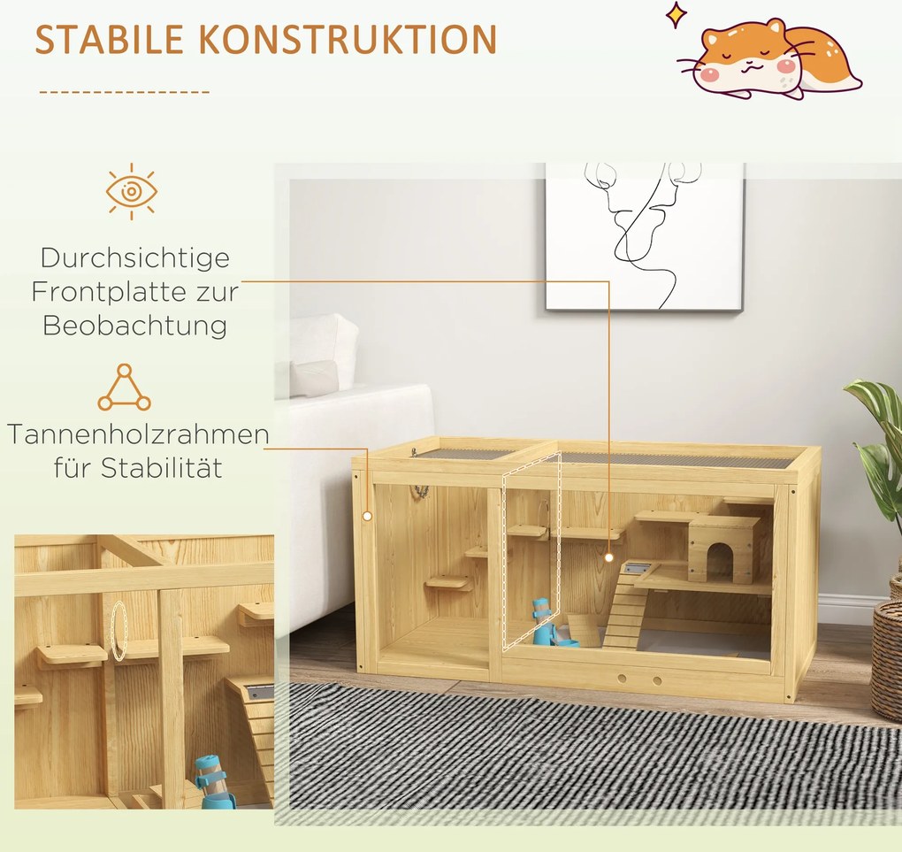 PawHut Klatka dla małych zwierząt z drewna świerkowego z akcesoriami i poidełkiem 100x50x50 cm naturalna | Aosom PL