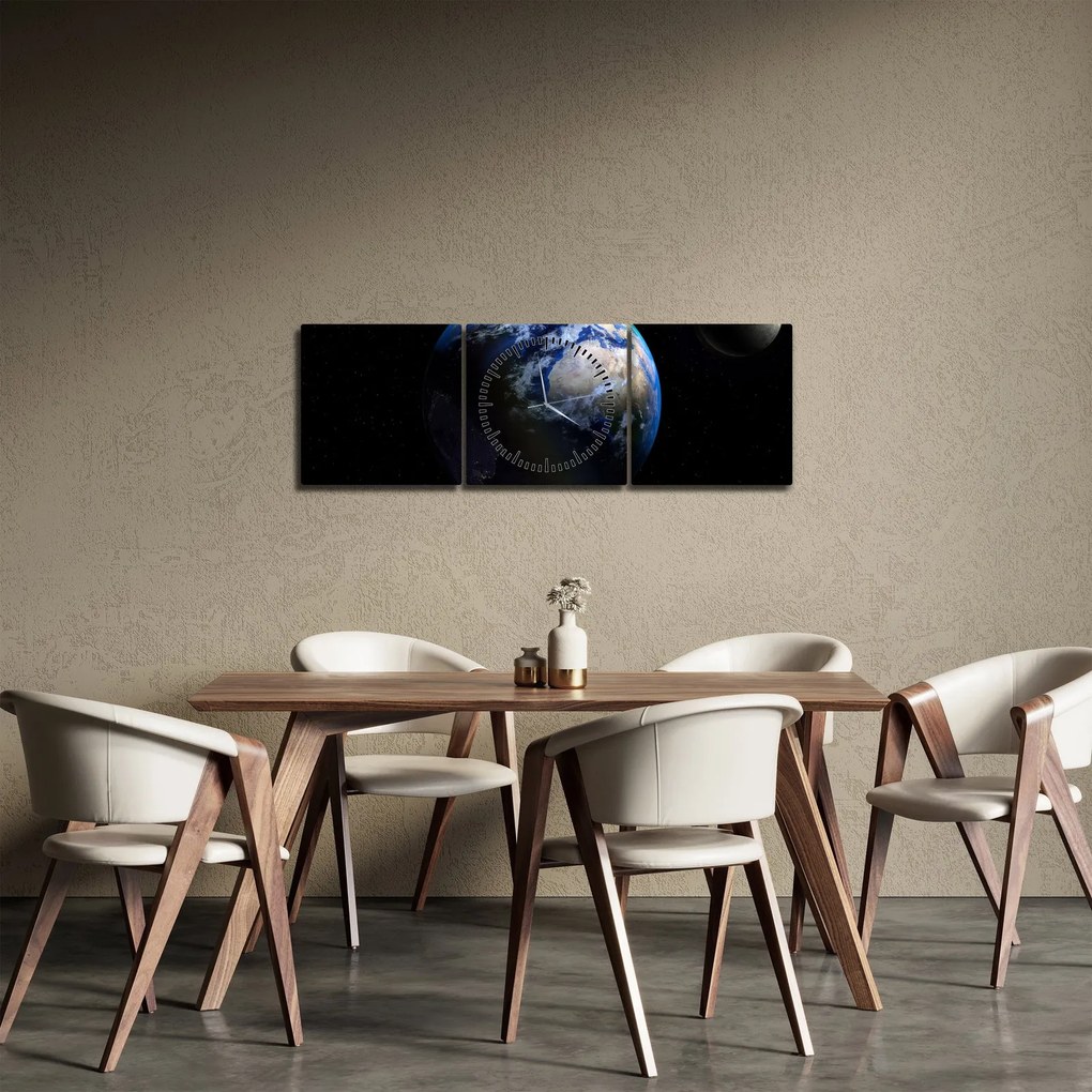 Obraz planety Ziemia (z zegarem) (90x30 cm)