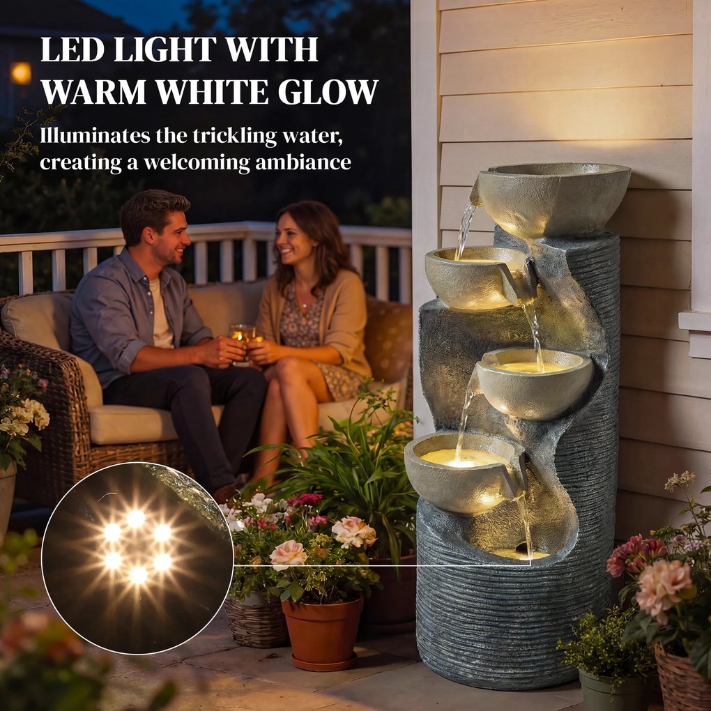 Outsunny 5-poziomowa fontanna ogrodowa z oświetleniem LED, pompą, kamienny styl, regulowana 33 x 31 x 80 cm | Aosom PL