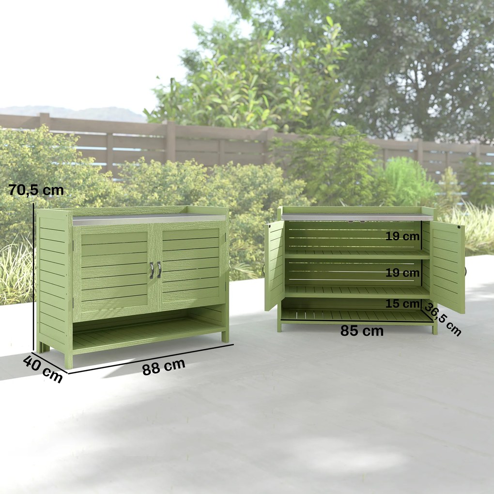 Outsunny Stół do sadzenia z szafką z drewna, szafka ogrodowa z ocynkowanym blatem, 3 półki, 88x40x70,5cm, zielony | Aosom PL