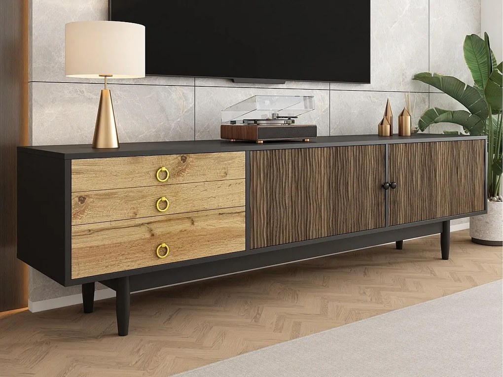 Szafa pod TV 180×38×50 cm - 2 drzwi i 3 szuflady - MDF + płyta wiórowa - Czarny + Naturalny