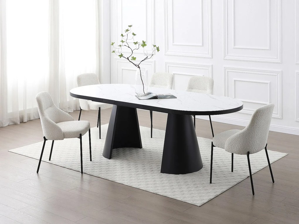 Stół do jadalni rozkładany dla 6 do 10 osób z MDF i metalu - Efekt białego marmuru i Czarny - KORIZEA