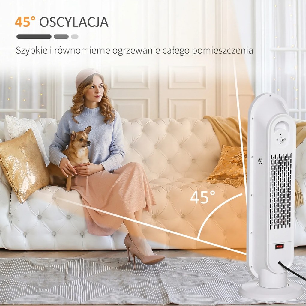 HOMCOM Grzejnik termoelektryczny 2000 Watt   Zdalne sterowanie 24-godzinny timer Oscylacja Metal, Plastik Biały + Czarny 21 x 21 x 63,5 cm