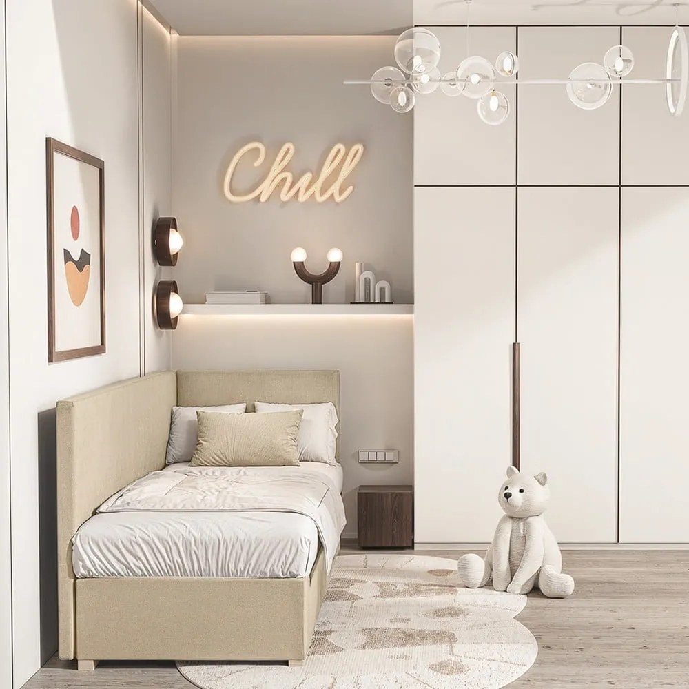 Beżowe narożne łóżko dziecięce ze schowkiem i materacem 90x200 cm Flexi – Ghado