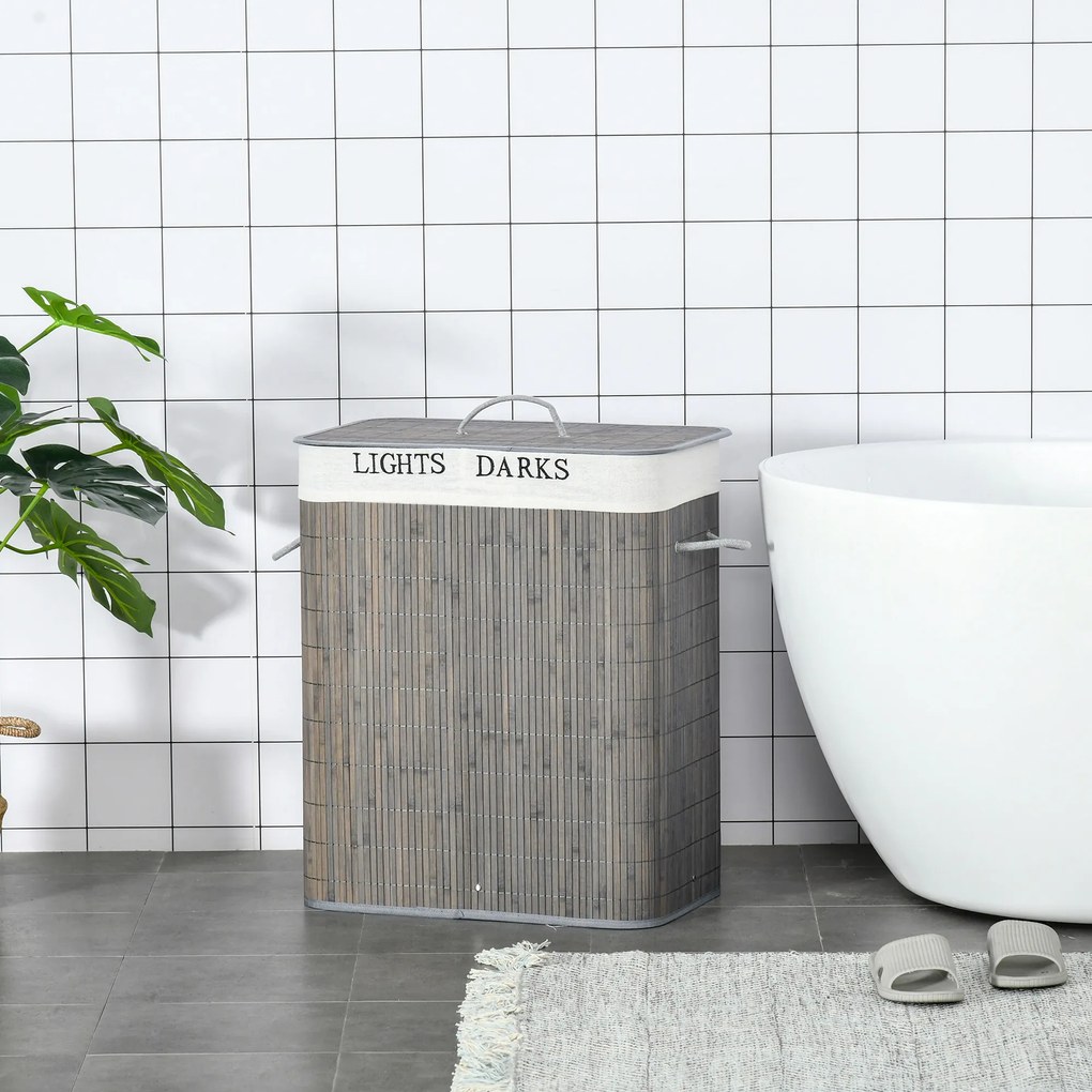 HOMCOM 100L Kosz na pranie z 3 uchwytami, z pralnym workiem na pranie, Bambus, Poliester, Bawełna, Metal, 52 x 32 x 63 cm, Szary