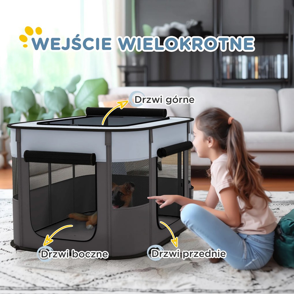 PawHut Składany wybieg dla zwierząt domowych, z torbą do przechowywania, dla szczeniąt i kociąt, do użytku wewnętrznego i zewnętrznego, Szary | Aosom PL