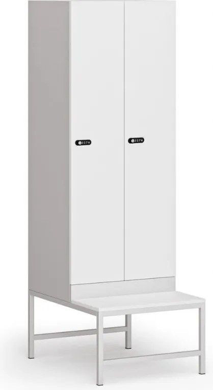 Szafka ubraniowa S1 z ławką, 2-drzwiowa, 1875 x 600 x 500/800 mm, demontaż, zamek mechaniczny z kodem, drzwi laminowane, biała
