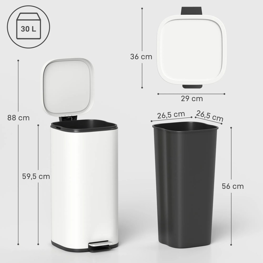 HOMCOM 30L kosz na śmieci pedałowy z pokrywą, funkcja Soft-Close i zatrzymania otwartej pozycji do kuchni i domu | Aosom PL