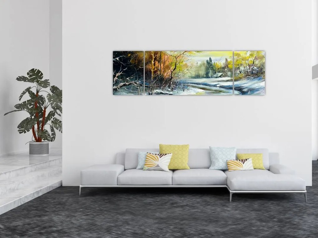Obraz zimowej rzeki, obraz olejny (170x50 cm)